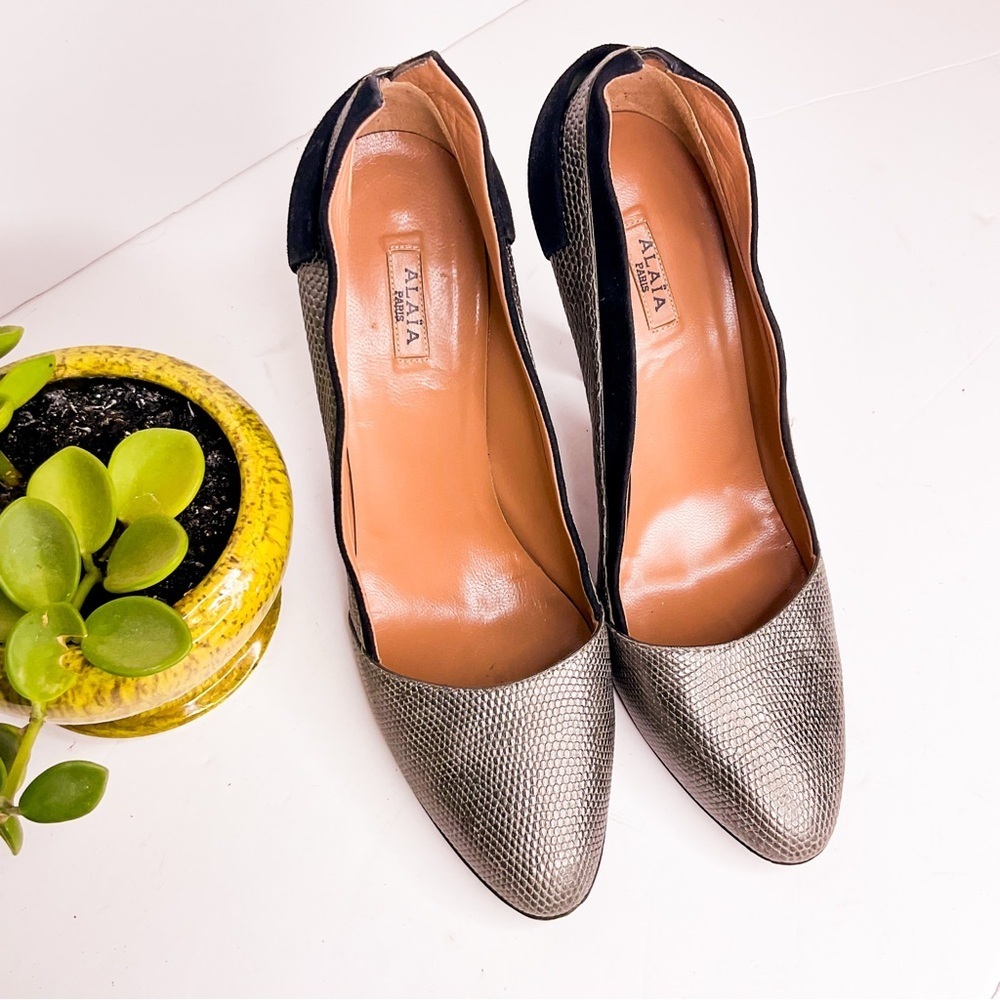 Vintage ALAÏA PARIS Pumps Silver Snake Leather Black Suede Italy EU 37.5 - Picture 7 of 8